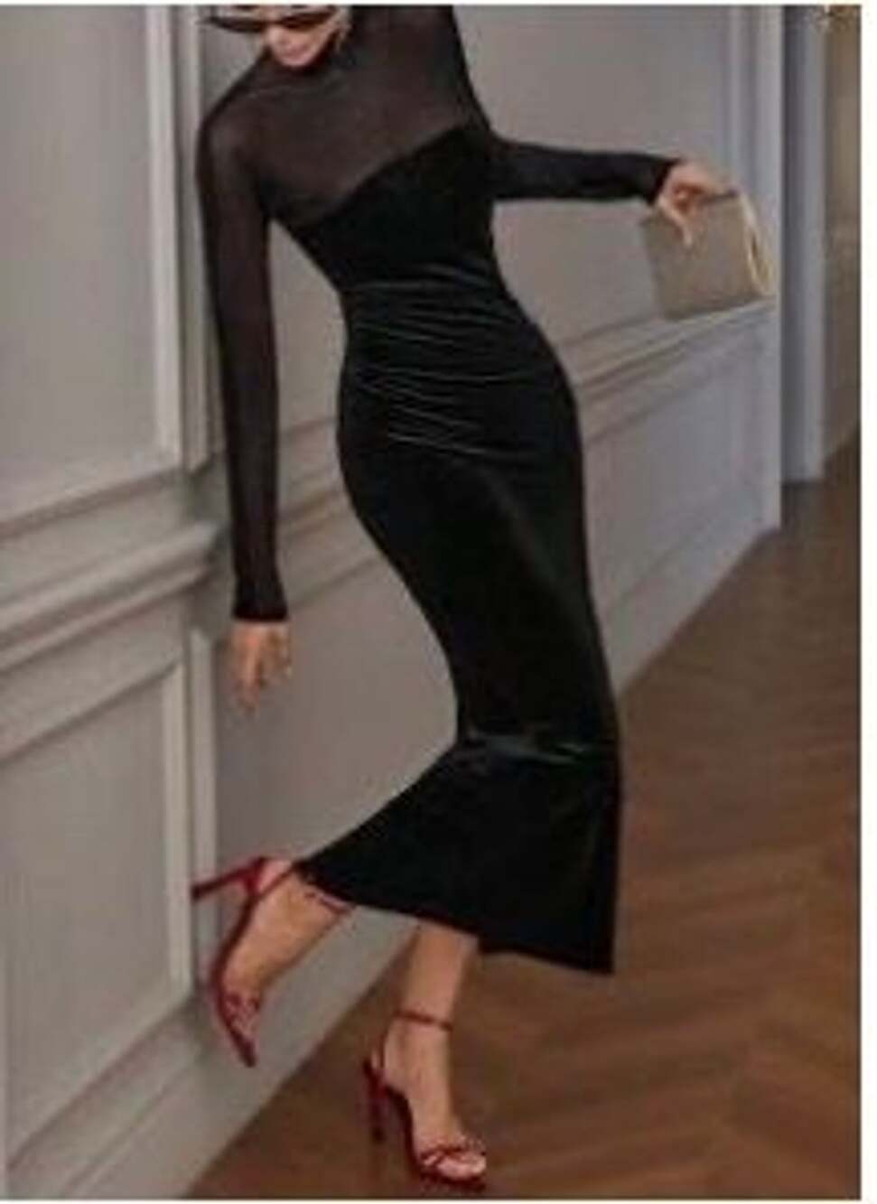 SHEIN Velvet Mesh High Neck Long Sleeve Bodycon Maxi Dress